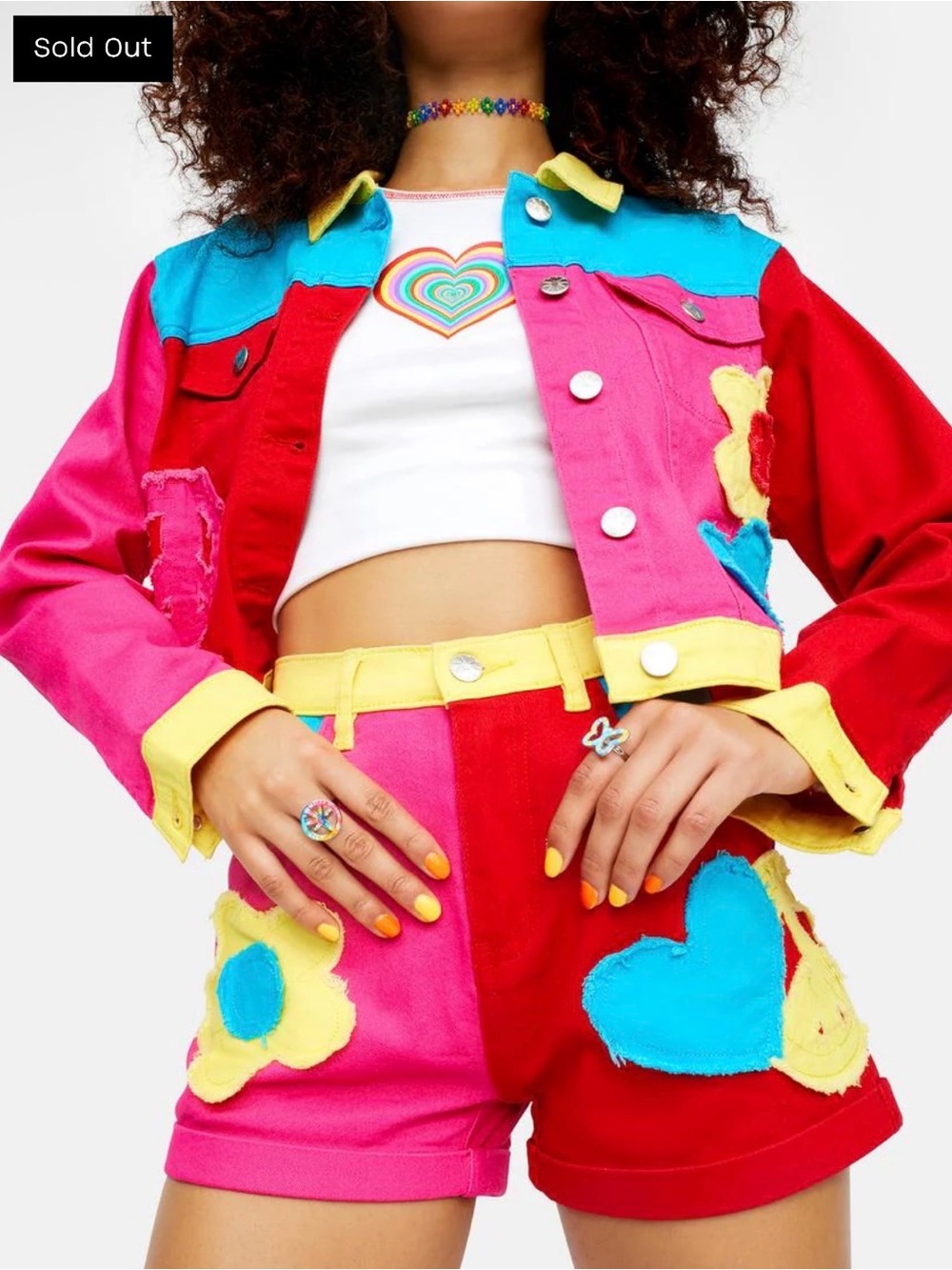 NWT SOLD OUT Dolls Kill Colorblock Heart & Flower Shorts Pink, Red & Yellow